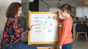 Teacher helping a child connect words_