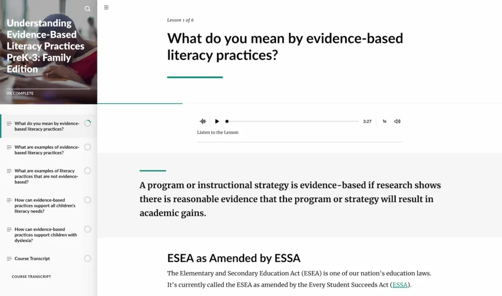 Interface for Evidence-Based Literacy Practices PreK-3 Course