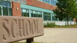 Exterior view of the front of a school building